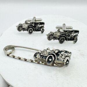 Vtg Ford Model T Antique Car Silver Tone Cufflinks And Tie Pin Bar Set  Fancy